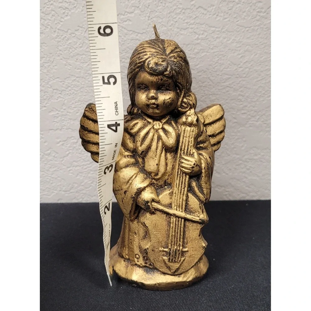 Angel Playing Cello Wax Candle Antique Gold Color 6 Inch Tall